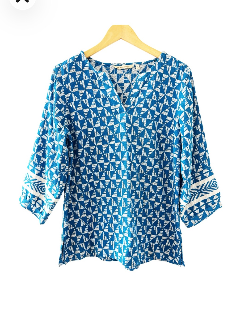 Soft Surroundings Narah tunic top, blue & white geometric pattern Size Small EUC - Picture 2 of 6